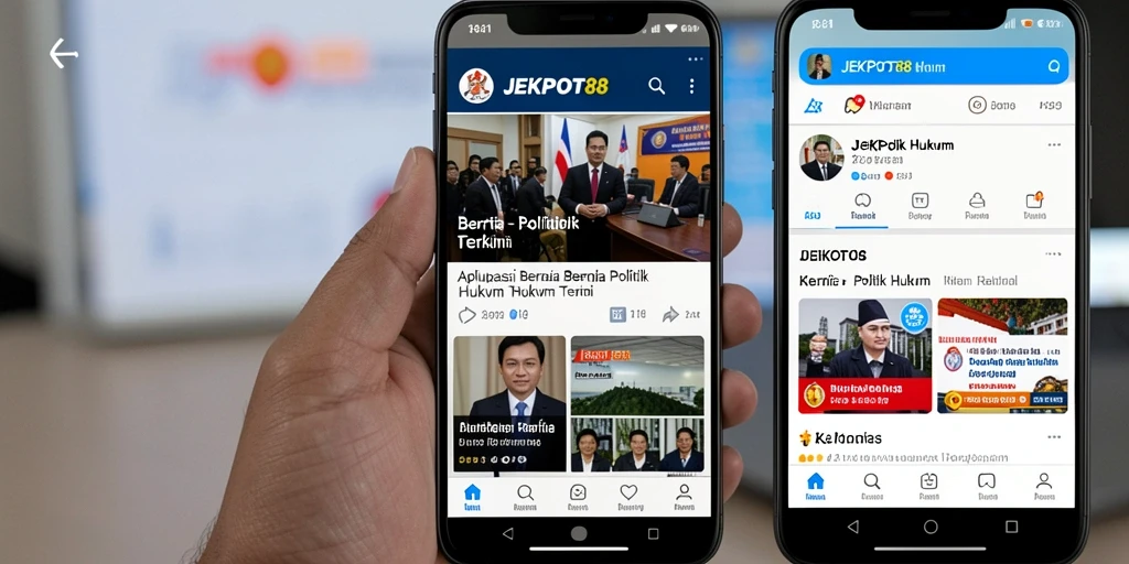 Tampilan antarmuka aplikasi JEKPOT88 dengan berita terkini politik dan hukum.